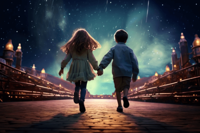 手を繋いで歩く子供と夜景